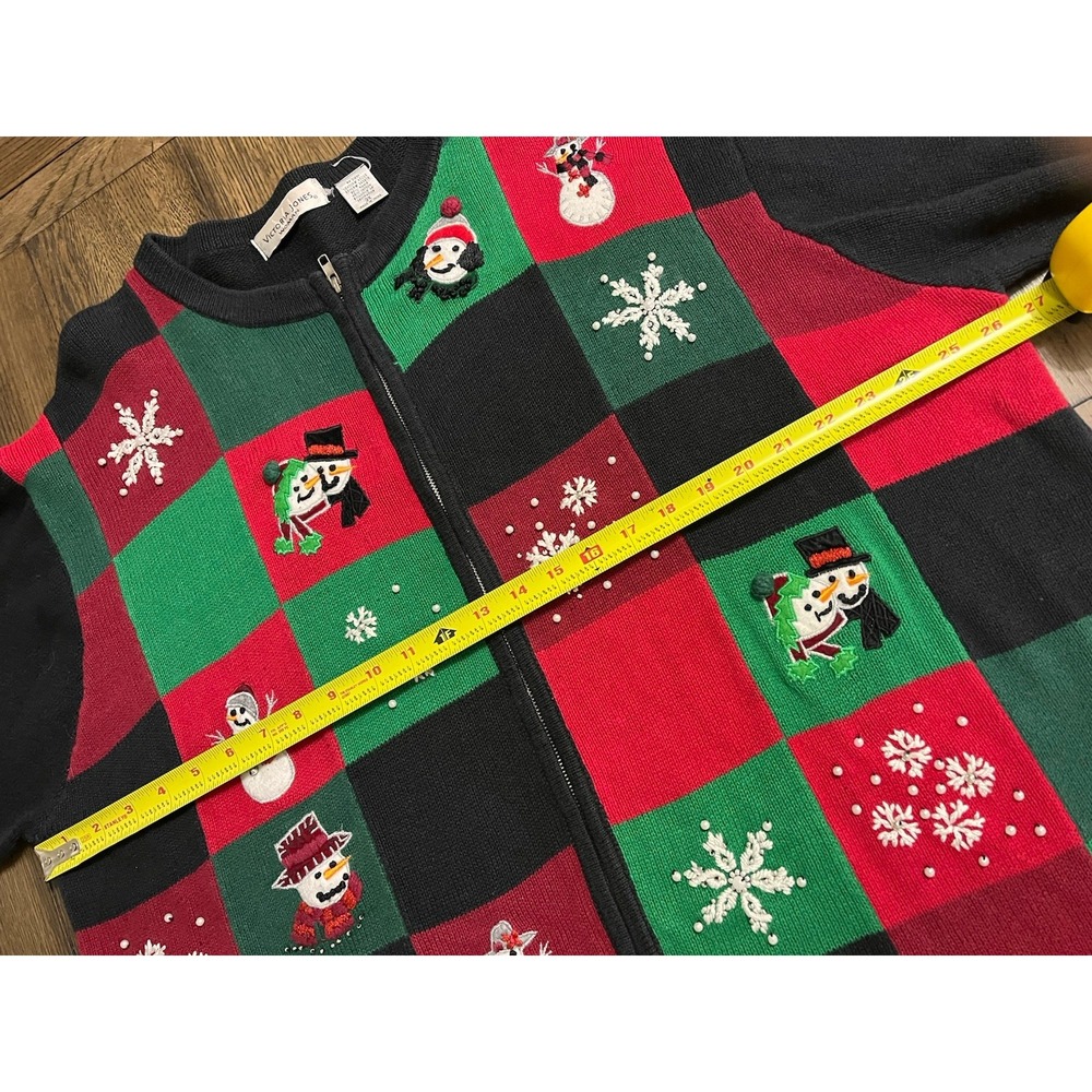 Vtg Grandma Granny Core Sweater Womens 3XL Snowman 90s Checkerboard Full Zip - Picture 5 of 6
